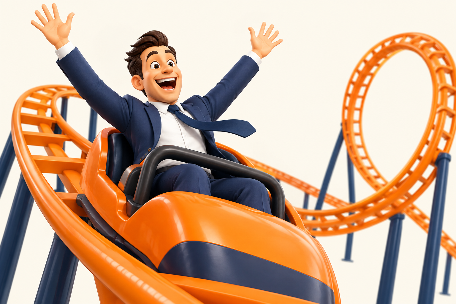Over-the-top motivational illustration of a businessman on a roller coaster